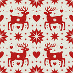 red, cream, reindeer, deer, hearts, stars, snowflakes, scandinavian folk, nordic design, christmas motifs, winter pattern,, fabric panel, geometric stars, holiday fabric, festive design, folk art style, repeating pattern, silhouette design, seasonal fabric