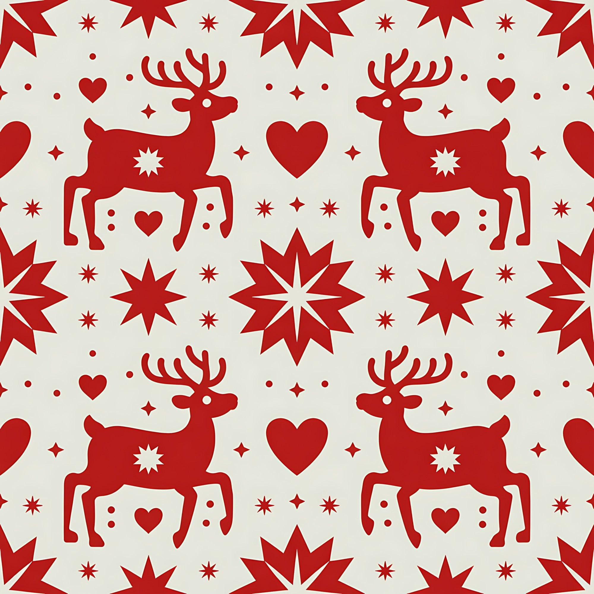 red, cream, reindeer, deer, hearts, stars, snowflakes, scandinavian folk, nordic design, christmas motifs, winter pattern,, fabric panel, geometric stars, holiday fabric, festive design, folk art style, repeating pattern, silhouette design, seasonal fabric