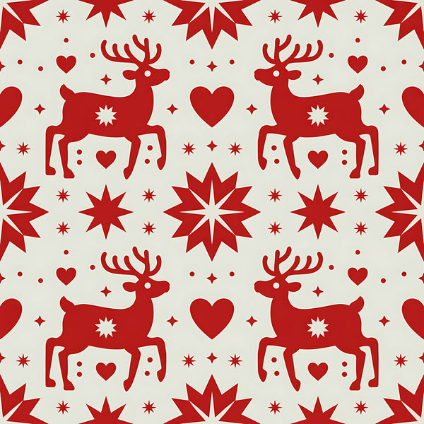 red, cream, reindeer, deer, hearts, stars, snowflakes, scandinavian folk, nordic design, christmas motifs, winter pattern,, fabric panel, geometric stars, holiday fabric, festive design, folk art style, repeating pattern, silhouette design, seasonal fabric