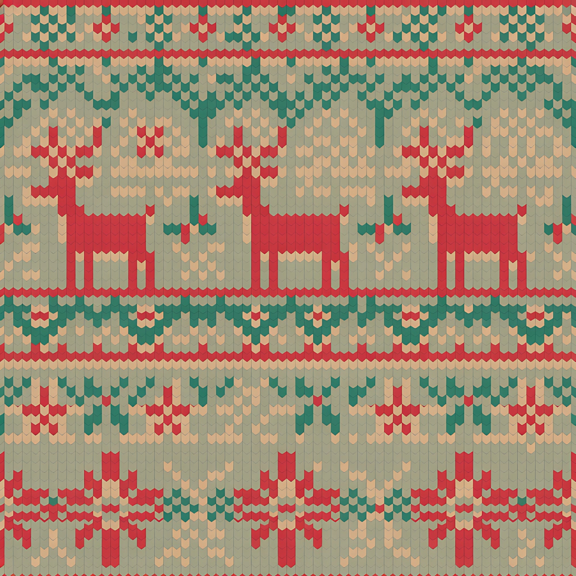 forest green, coral red, cream, beige, reindeer, deer, folk art, scandinavian style, knit pattern, fair isle, christmas motifs, holiday design, geometric patterns, nordic style,, fabric panel, winter theme, festive colors, chevron details, repeating pattern