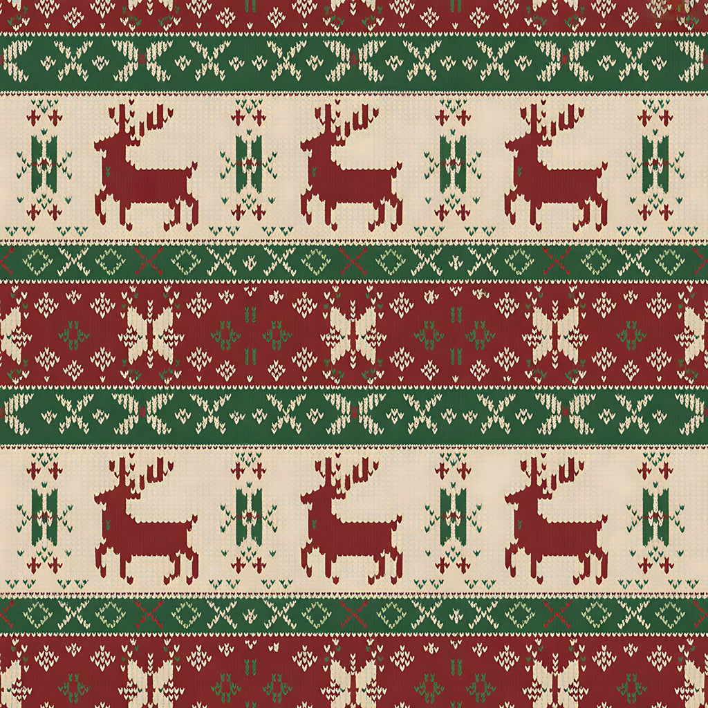burgundy, forest green, cream, beige, reindeer, deer, snowflakes, geometric patterns, nordic motifs, fair isle design, knitted texture, horizontal stripes, christmas theme, winter patterns, scandinavian style,, fabric panel, holiday design, festive motifs, folk art