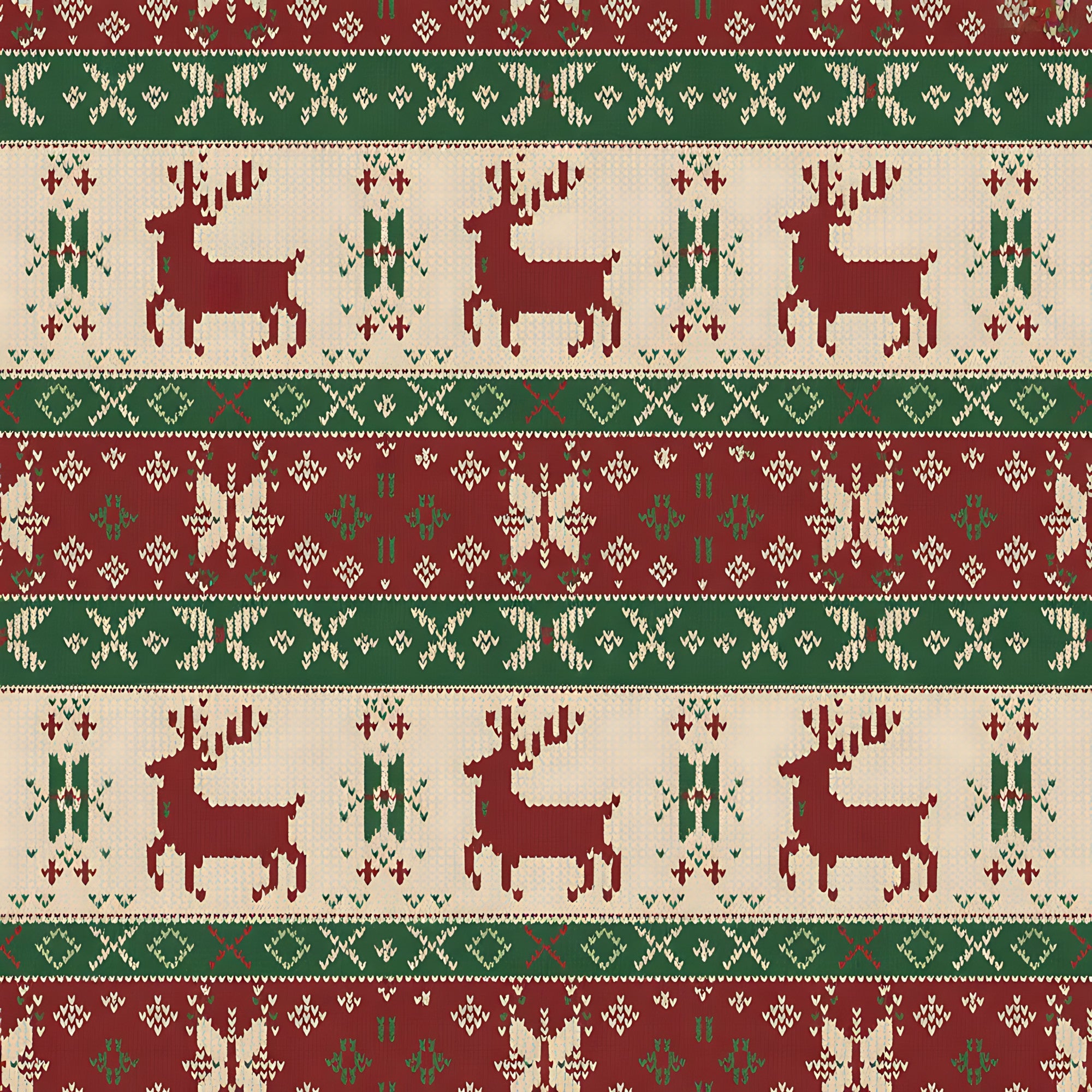 burgundy, forest green, cream, beige, reindeer, deer, snowflakes, geometric patterns, nordic motifs, fair isle design, knitted texture, horizontal stripes, christmas theme, winter patterns, scandinavian style,, fabric panel, holiday design, festive motifs, folk art