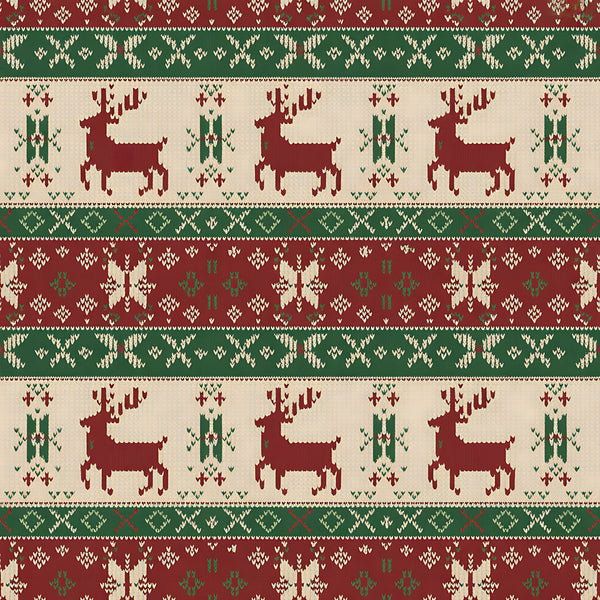 burgundy, forest green, cream, beige, reindeer, deer, snowflakes, geometric patterns, nordic motifs, fair isle design, knitted texture, horizontal stripes, christmas theme, winter patterns, scandinavian style,, fabric panel, holiday design, festive motifs, folk art