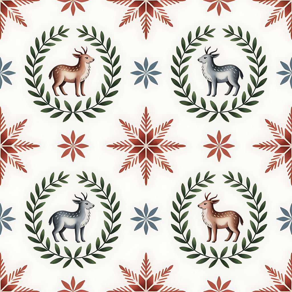 cream background, burgundy red, forest green, slate blue, deer motifs, laurel wreaths, snowflake patterns, folk art style, scandinavian design, christmas theme,, fabric panel, geometric florals, winter elements, repeating pattern, woodland animals, holiday crafting, nordic inspired, botanical borders, festive motifs