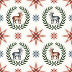 cream background, burgundy red, forest green, slate blue, deer motifs, laurel wreaths, snowflake patterns, folk art style, scandinavian design, christmas theme,, fabric panel, geometric florals, winter elements, repeating pattern, woodland animals, holiday crafting, nordic inspired, botanical borders, festive motifs