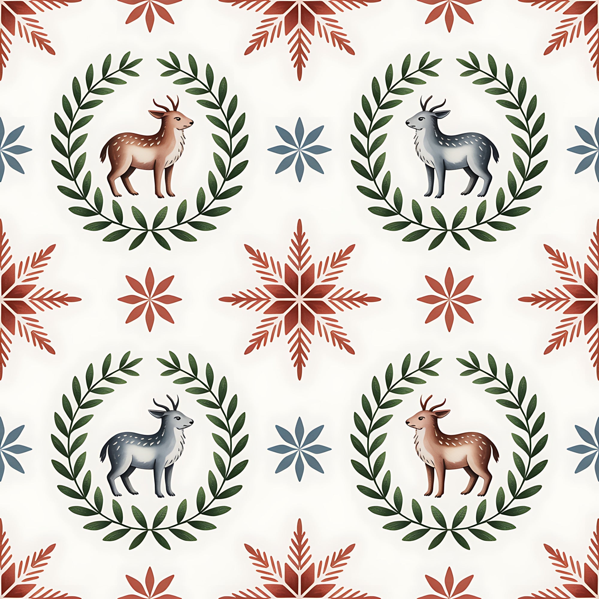 cream background, burgundy red, forest green, slate blue, deer motifs, laurel wreaths, snowflake patterns, folk art style, scandinavian design, christmas theme,, fabric panel, geometric florals, winter elements, repeating pattern, woodland animals, holiday crafting, nordic inspired, botanical borders, festive motifs