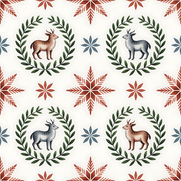 cream background, burgundy red, forest green, slate blue, deer motifs, laurel wreaths, snowflake patterns, folk art style, scandinavian design, christmas theme,, fabric panel, geometric florals, winter elements, repeating pattern, woodland animals, holiday crafting, nordic inspired, botanical borders, festive motifs