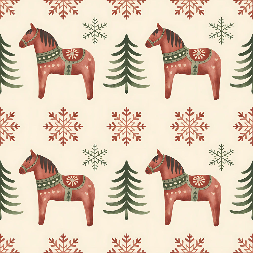 scandinavian folk, christmas pattern, dala horses, red horses, snowflakes, evergreen trees, coral red, sage green, cream background, nordic design, folk art, decorative horses, winter motifs,, fabric panel, geometric snowflakes, pine trees, festive pattern, repeating design, holiday fabric