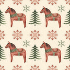 scandinavian folk, christmas pattern, dala horses, red horses, snowflakes, evergreen trees, coral red, sage green, cream background, nordic design, folk art, decorative horses, winter motifs,, fabric panel, geometric snowflakes, pine trees, festive pattern, repeating design, holiday fabric
