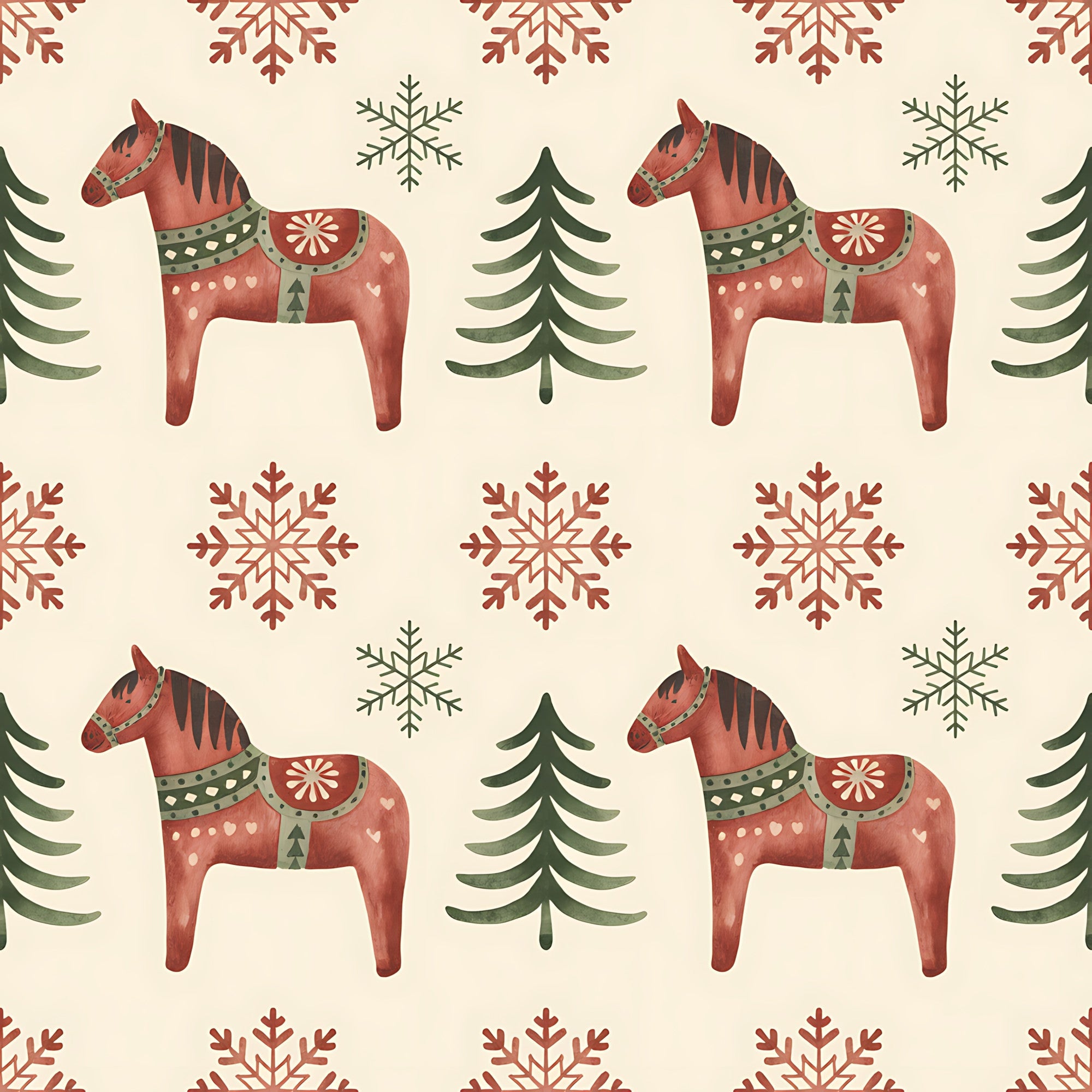 scandinavian folk, christmas pattern, dala horses, red horses, snowflakes, evergreen trees, coral red, sage green, cream background, nordic design, folk art, decorative horses, winter motifs,, fabric panel, geometric snowflakes, pine trees, festive pattern, repeating design, holiday fabric