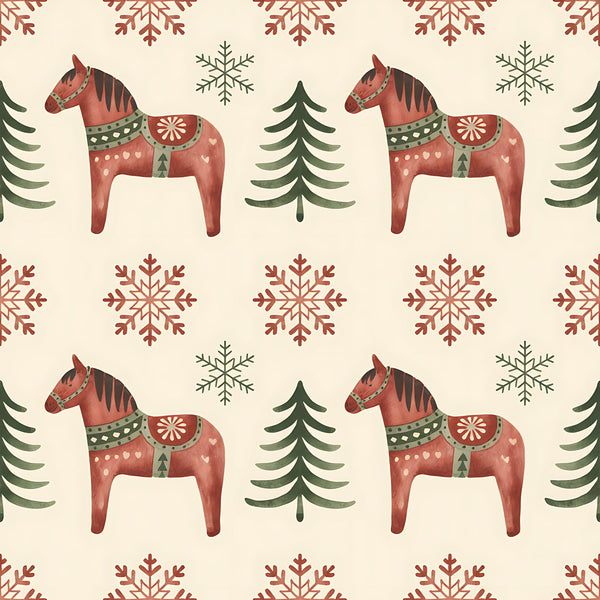 scandinavian folk, christmas pattern, dala horses, red horses, snowflakes, evergreen trees, coral red, sage green, cream background, nordic design, folk art, decorative horses, winter motifs,, fabric panel, geometric snowflakes, pine trees, festive pattern, repeating design, holiday fabric