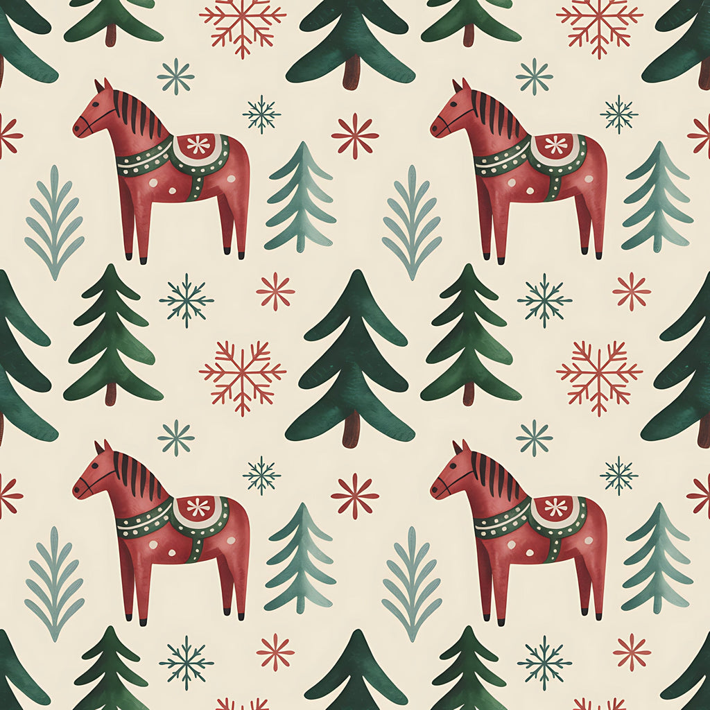 scandinavian folk, christmas pattern,, fabric panel, dala horses, red horses, evergreen trees, snowflakes, winter motifs, cream background, forest green, burgundy red, teal blue, folk art style, nordic design, repeating pattern, holiday fabric, winter wonderland, decorative horses, pine trees