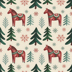 scandinavian folk, christmas pattern,, fabric panel, dala horses, red horses, evergreen trees, snowflakes, winter motifs, cream background, forest green, burgundy red, teal blue, folk art style, nordic design, repeating pattern, holiday fabric, winter wonderland, decorative horses, pine trees
