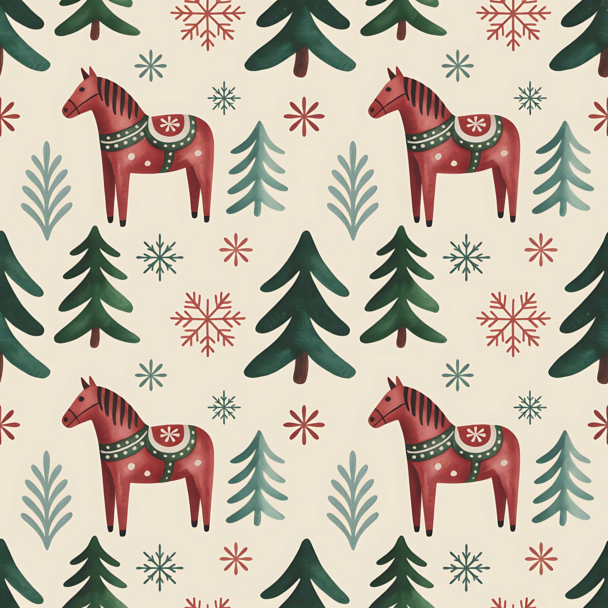 scandinavian folk, christmas pattern,, fabric panel, dala horses, red horses, evergreen trees, snowflakes, winter motifs, cream background, forest green, burgundy red, teal blue, folk art style, nordic design, repeating pattern, holiday fabric, winter wonderland, decorative horses, pine trees