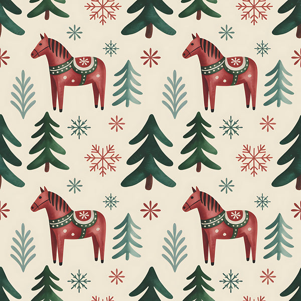 scandinavian folk, christmas pattern,, fabric panel, dala horses, red horses, evergreen trees, snowflakes, winter motifs, cream background, forest green, burgundy red, teal blue, folk art style, nordic design, repeating pattern, holiday fabric, winter wonderland, decorative horses, pine trees
