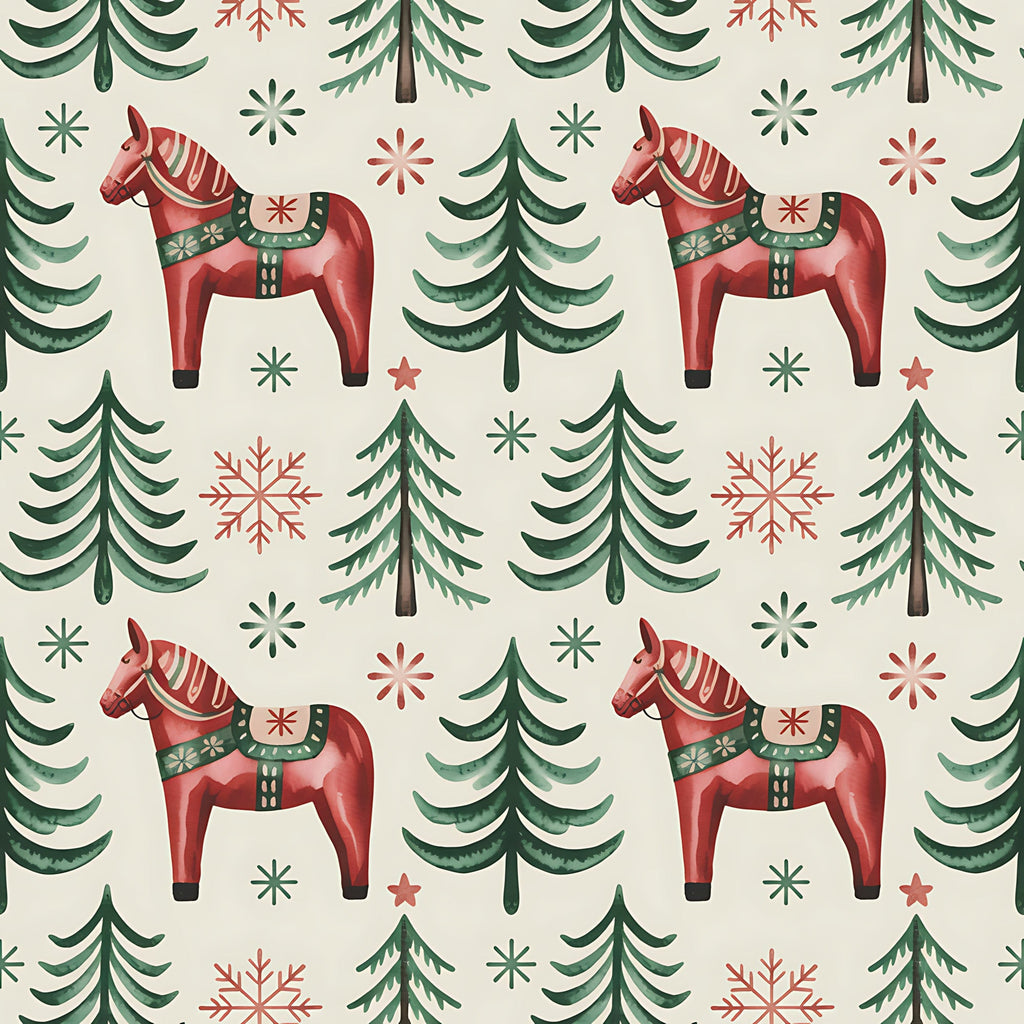 red horses, dala horses, evergreen trees, pine trees, snowflakes, stars, folk art, scandinavian style, christmas pattern, winter theme, forest green, coral red, cream background, repeating pattern,, fabric panel, nordic design, holiday motif, decorative saddles, festive elements