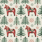 red horses, dala horses, evergreen trees, pine trees, snowflakes, stars, folk art, scandinavian style, christmas pattern, winter theme, forest green, coral red, cream background, repeating pattern,, fabric panel, nordic design, holiday motif, decorative saddles, festive elements