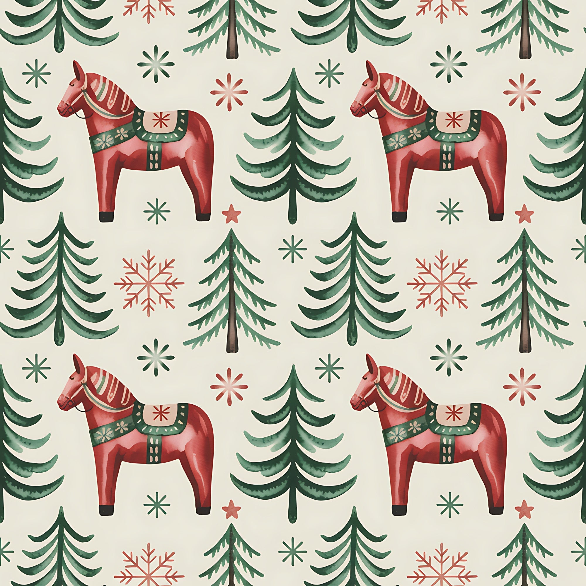 red horses, dala horses, evergreen trees, pine trees, snowflakes, stars, folk art, scandinavian style, christmas pattern, winter theme, forest green, coral red, cream background, repeating pattern,, fabric panel, nordic design, holiday motif, decorative saddles, festive elements