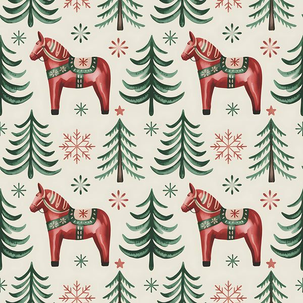 red horses, dala horses, evergreen trees, pine trees, snowflakes, stars, folk art, scandinavian style, christmas pattern, winter theme, forest green, coral red, cream background, repeating pattern,, fabric panel, nordic design, holiday motif, decorative saddles, festive elements