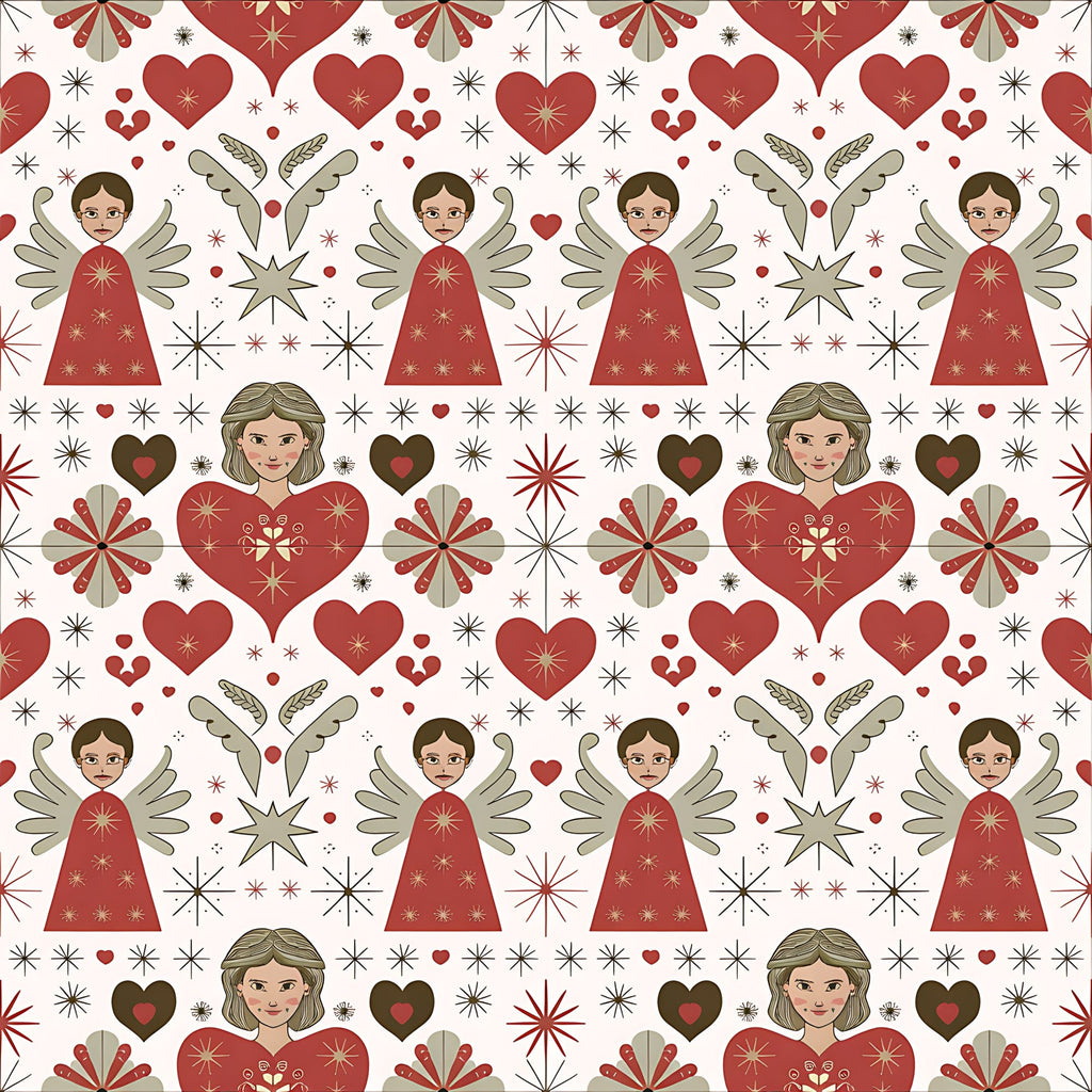 red, cream, beige, angels, hearts, stars, snowflakes, folk art, scandinavian, christmas,, fabric panel, geometric motifs, winged figures, starburst patterns, holiday theme, repeating pattern, festive design, winter motifs, decorative elements