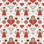 red, cream, beige, angels, hearts, stars, snowflakes, folk art, scandinavian, christmas,, fabric panel, geometric motifs, winged figures, starburst patterns, holiday theme, repeating pattern, festive design, winter motifs, decorative elements