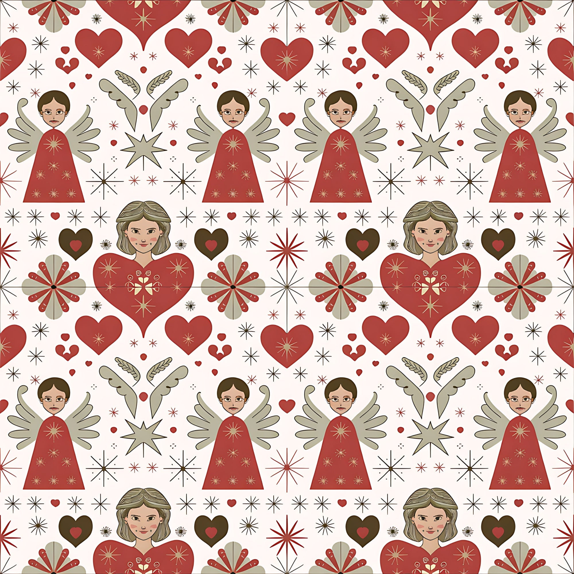 red, cream, beige, angels, hearts, stars, snowflakes, folk art, scandinavian, christmas,, fabric panel, geometric motifs, winged figures, starburst patterns, holiday theme, repeating pattern, festive design, winter motifs, decorative elements