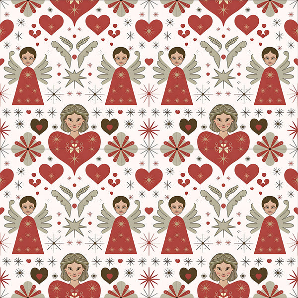 red, cream, beige, angels, hearts, stars, snowflakes, folk art, scandinavian, christmas,, fabric panel, geometric motifs, winged figures, starburst patterns, holiday theme, repeating pattern, festive design, winter motifs, decorative elements