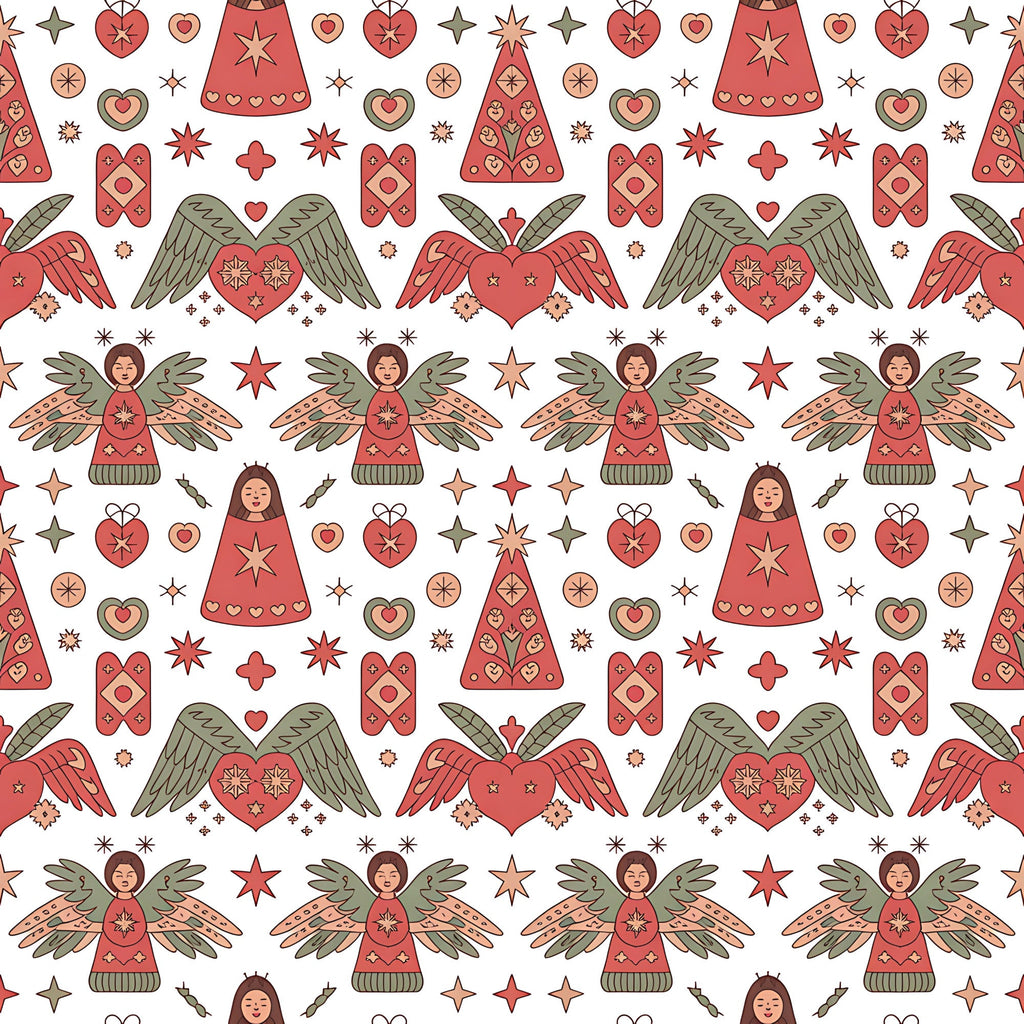 coral red, sage green, cream background, scandinavian folk, christmas angels, winged hearts, decorative stars, geometric patterns,, fabric panel, holiday motifs, folk art style, repeating pattern, festive design, winter theme, nordic inspired, ornamental hearts, stylized figures, seasonal fabric, craft cotton