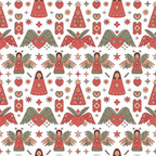 coral red, sage green, cream background, scandinavian folk, christmas angels, winged hearts, decorative stars, geometric patterns,, fabric panel, holiday motifs, folk art style, repeating pattern, festive design, winter theme, nordic inspired, ornamental hearts, stylized figures, seasonal fabric, craft cotton
