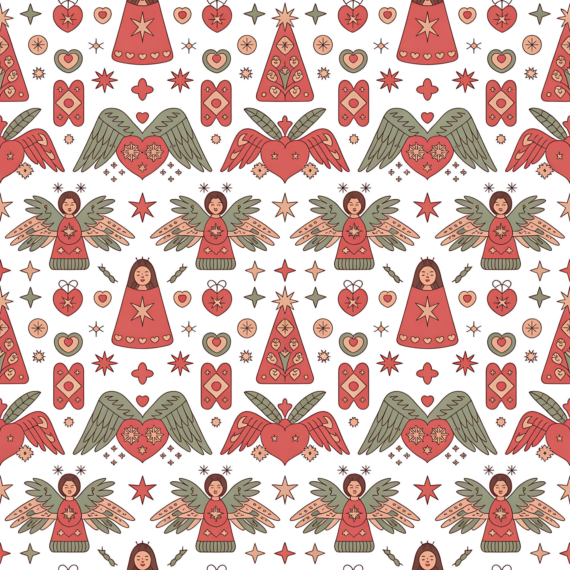 coral red, sage green, cream background, scandinavian folk, christmas angels, winged hearts, decorative stars, geometric patterns,, fabric panel, holiday motifs, folk art style, repeating pattern, festive design, winter theme, nordic inspired, ornamental hearts, stylized figures, seasonal fabric, craft cotton