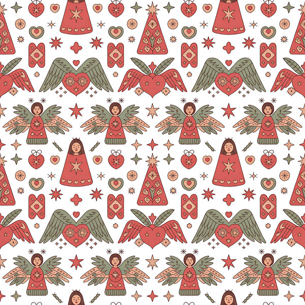 coral red, sage green, cream background, scandinavian folk, christmas angels, winged hearts, decorative stars, geometric patterns,, fabric panel, holiday motifs, folk art style, repeating pattern, festive design, winter theme, nordic inspired, ornamental hearts, stylized figures, seasonal fabric, craft cotton