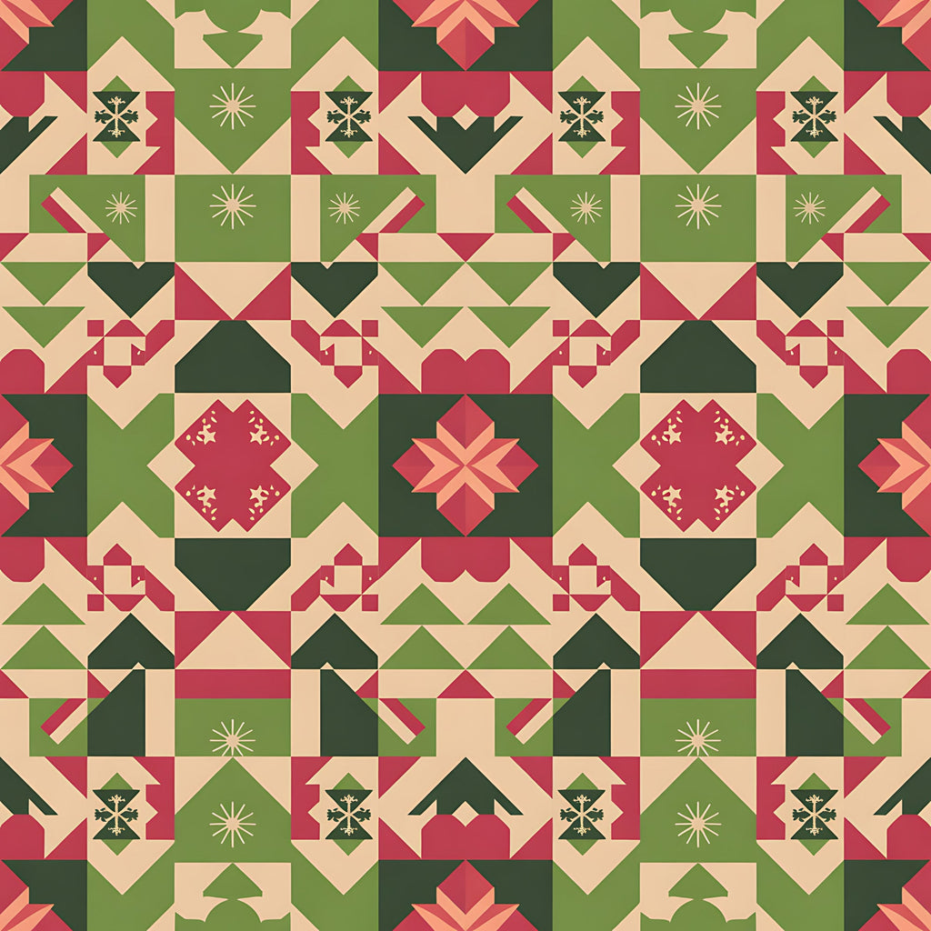 scandinavian folk, christmas pattern,, fabric panel, geometric blocks, red green beige, holiday motifs, star patterns, diamond shapes, triangular designs, winter theme, festive colors, patchwork style, quilt blocks, nordic inspired, seasonal fabric, folk art, holiday quilting, geometric piecing, christmas crafting
