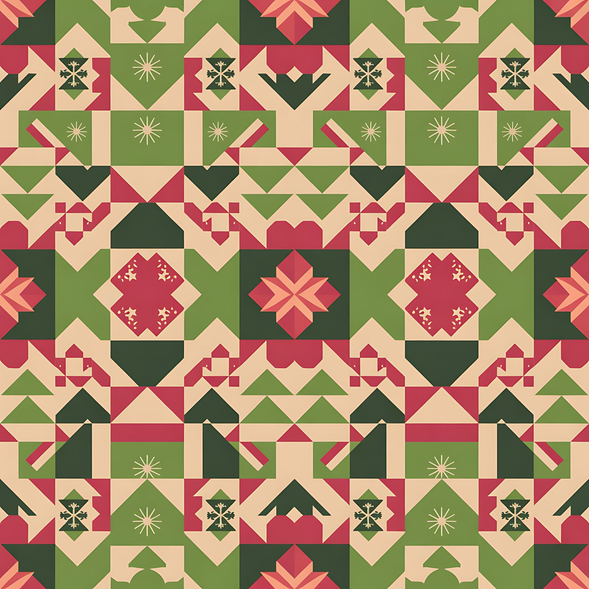 scandinavian folk, christmas pattern,, fabric panel, geometric blocks, red green beige, holiday motifs, star patterns, diamond shapes, triangular designs, winter theme, festive colors, patchwork style, quilt blocks, nordic inspired, seasonal fabric, folk art, holiday quilting, geometric piecing, christmas crafting