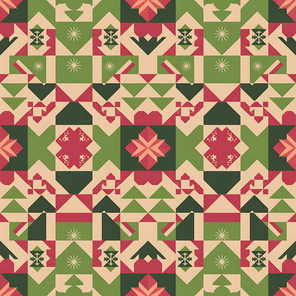 scandinavian folk, christmas pattern,, fabric panel, geometric blocks, red green beige, holiday motifs, star patterns, diamond shapes, triangular designs, winter theme, festive colors, patchwork style, quilt blocks, nordic inspired, seasonal fabric, folk art, holiday quilting, geometric piecing, christmas crafting