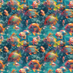 Colorful fish swim in a vibrant, turquoise underwater scene, surrounded by bubbles and aquatic plants.