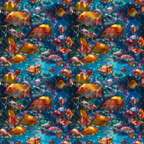 Colorful fish swimming in a vibrant underwater scene with coral and plants in the background.
