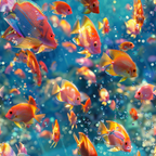 Vibrant orange and yellow fish swimming underwater, surrounded by bubbles against a blurred blue background.