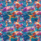 Colorful fish swimming in a vibrant, multicolored underwater scene with bubbles and coral.