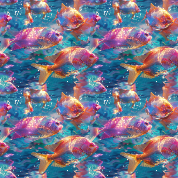 Colorful fish swimming in a vibrant, multicolored underwater scene with bubbles and coral.