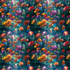 Vibrant fish swim in a colorful underwater scene with light filtering through water, surrounded by bubbles.