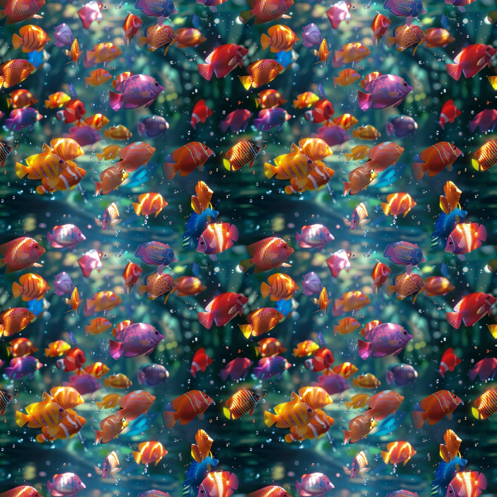Vibrant fish swim in a colorful underwater scene with light filtering through water, surrounded by bubbles.