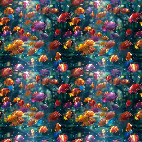 Vibrant fish swim in a colorful underwater scene with light filtering through water, surrounded by bubbles.
