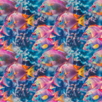 Pattern of colorful, stylized fish with vibrant hues of pink, orange, and purple, set against a blue background with bubbles.