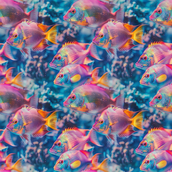 Pattern of colorful, stylized fish with vibrant hues of pink, orange, and purple, set against a blue background with bubbles.