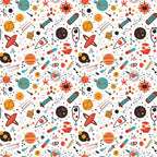 Seamless pattern with colorful science symbols, including telescopes, planets, rockets, and atoms on a white background.