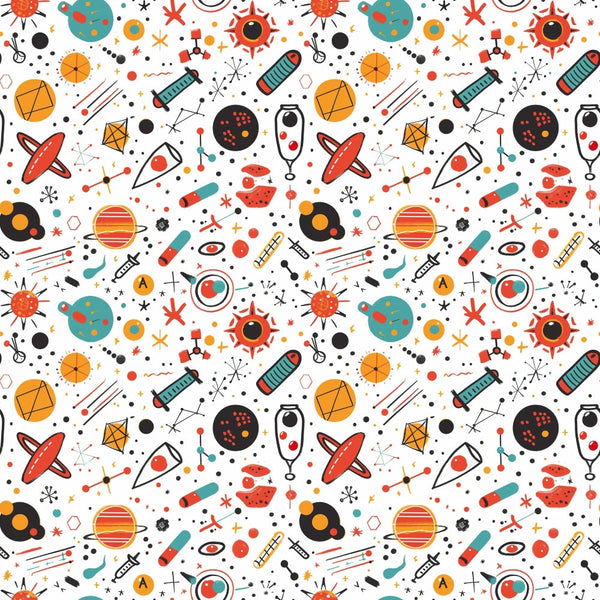 Seamless pattern with colorful science symbols, including telescopes, planets, rockets, and atoms on a white background.