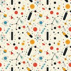 Seamless pattern featuring colorful scientific icons, including test tubes, atoms, telescopes, and planets, scattered on a light background.