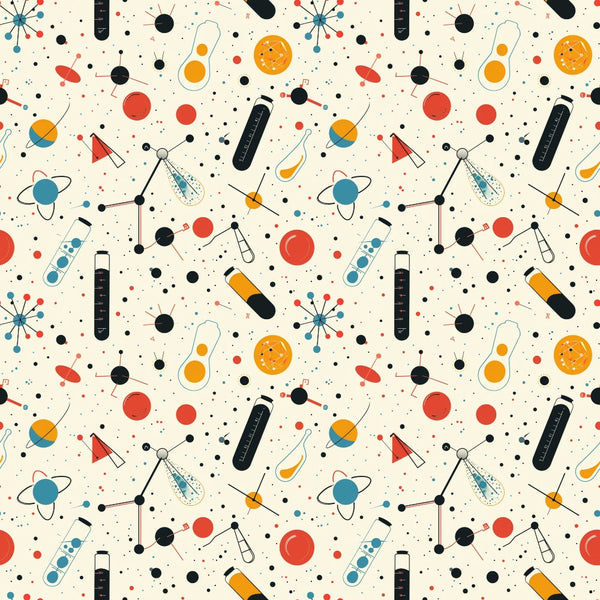 Seamless pattern featuring colorful scientific icons, including test tubes, atoms, telescopes, and planets, scattered on a light background.
