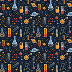 Seamless pattern of science-themed illustrations, including flasks, planets, molecules, test tubes, and geometric shapes on a dark background.