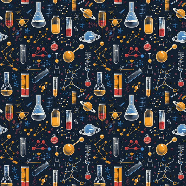 Seamless pattern of science-themed illustrations, including flasks, planets, molecules, test tubes, and geometric shapes on a dark background.